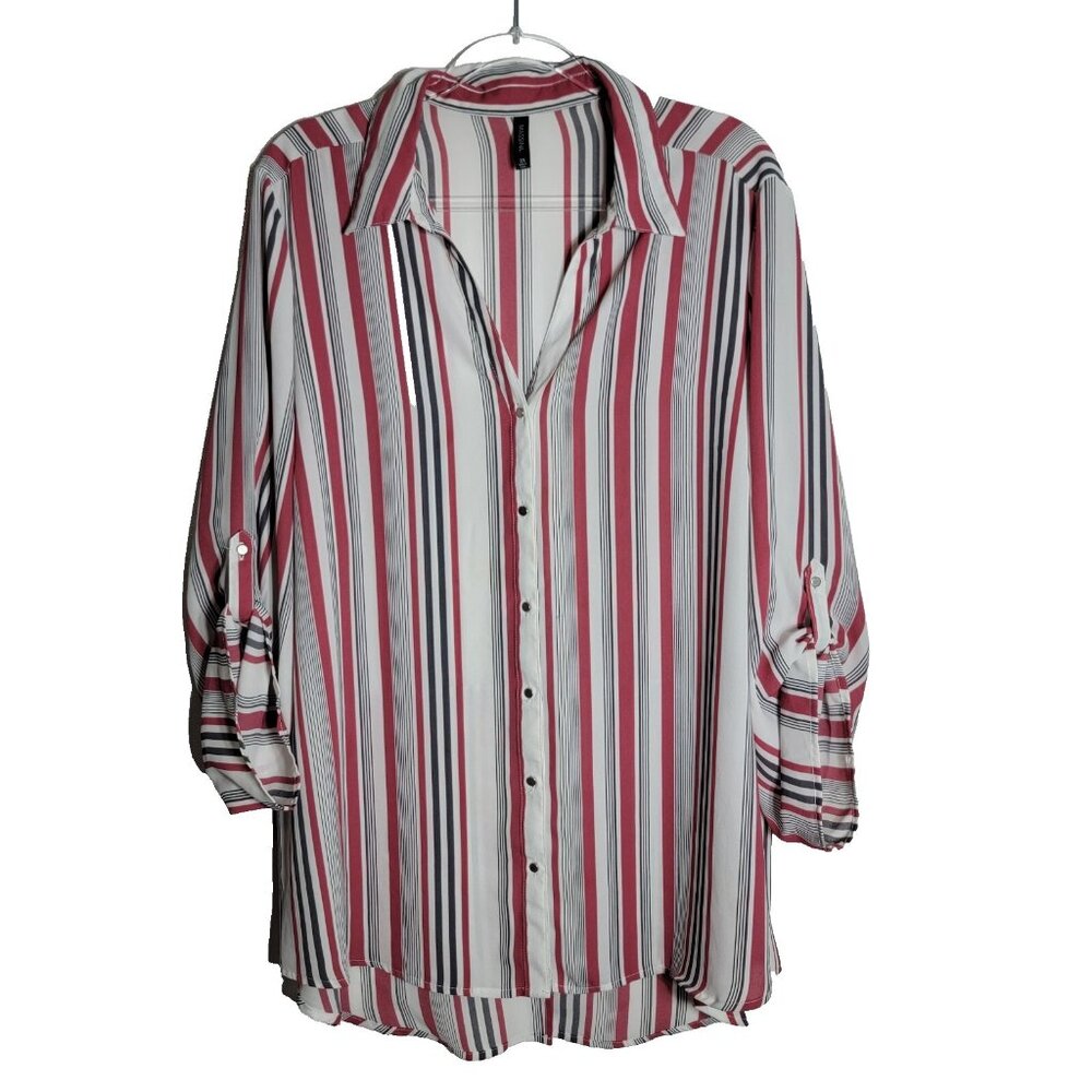 Massini Striped Tunic Top Plus Size‎ 2X Tab Sleeves Split Back Button Up Pink
